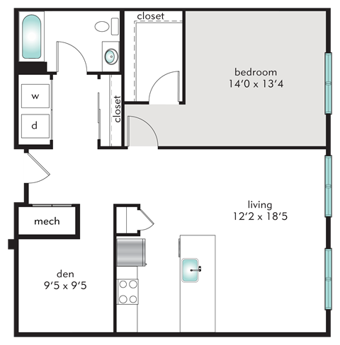 Floor plan for 1 bed, 1 bath, 972 sqft
